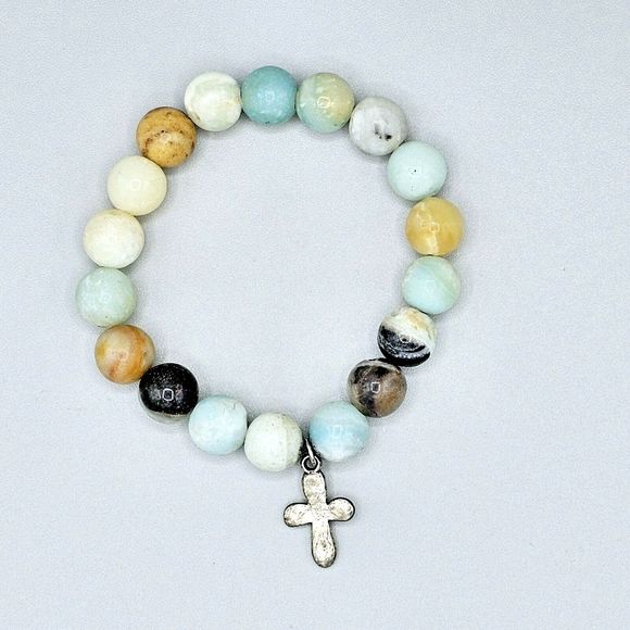 Amazonite Cross Bracelet Natural Stone Silver Tone Religious Spiritual Jewelry - Picture 3 of 6